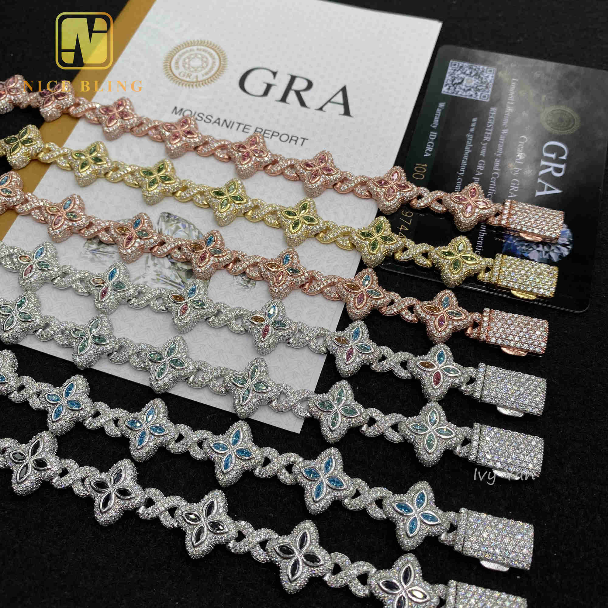 Luxury Colorful Marquise Flower Design 15mm Custom Iced Out Hip Hop Jewelry Cuban Link Chain 925 Silver VVS Moissanite Bracelet
