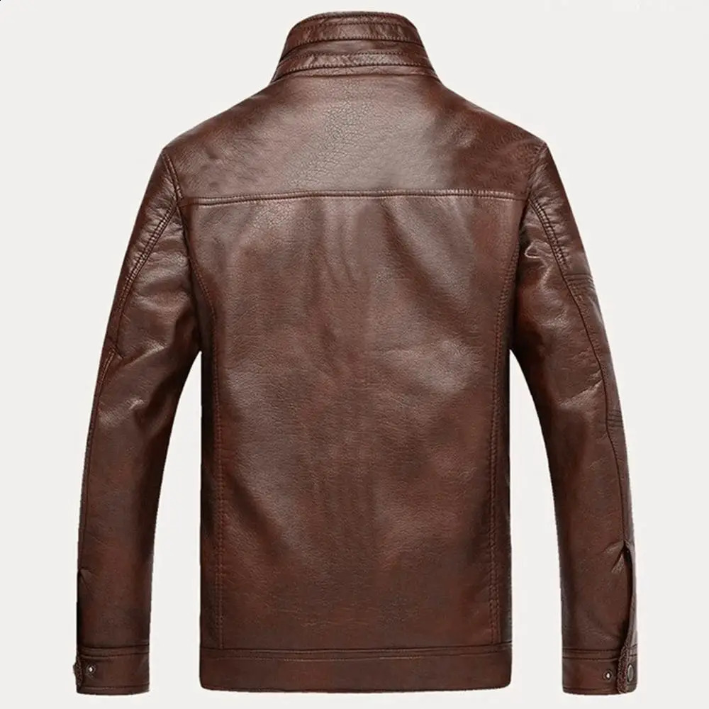 Brown Leather Jacket Thicken Fleece Lined Men Stand Collar Slim Motorcycle PU Biker Mens Clothing 241202