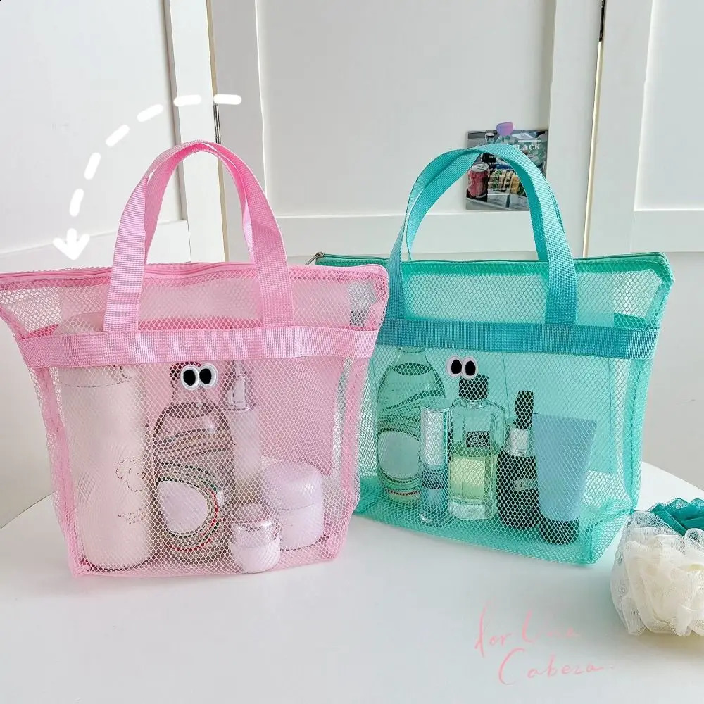 Beach Mesh Wash Bag Cosmetic Large Capacity Shopping Shoulder Portable Handbags Foldable Swimming Storage 241203