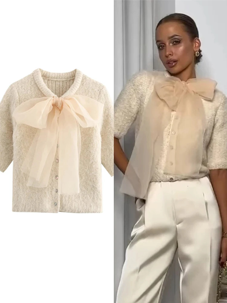 Fluffy Knitted Open Top Womens Large Lace Bow Single Chest Oneck Sweater 2024 Autumn Winter Fashion Loose 241206