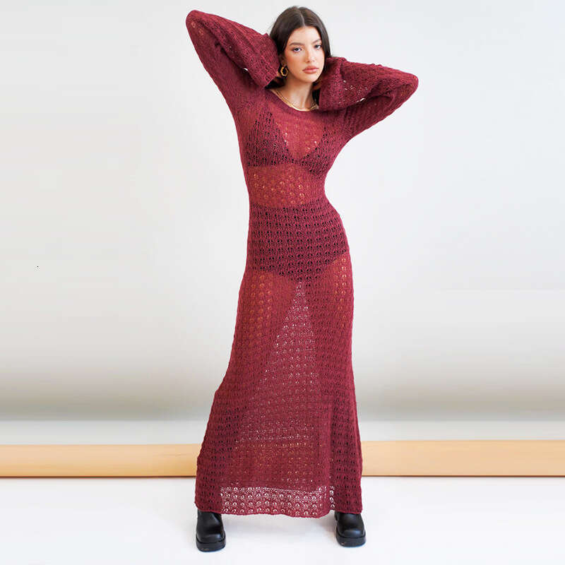 European and American beach vacation bikini outerwear skirt knitted hollow backless dress for women 2024 new casual fashion trend clothing