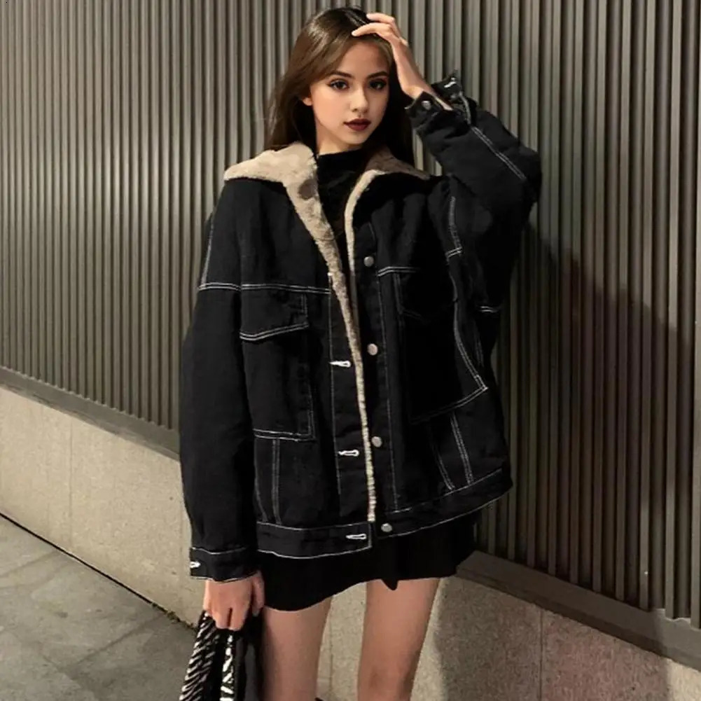 Legging jacket warm plush lined denim with pockets comfortable lapel fashionable single breasted for outdoor wear 241206