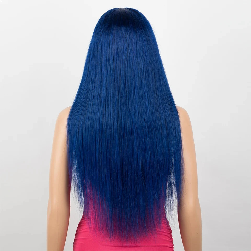 Blue straight wig with bangs Brazilian Remy natural straight wig female royal blue straight wig cosplay wig 241206