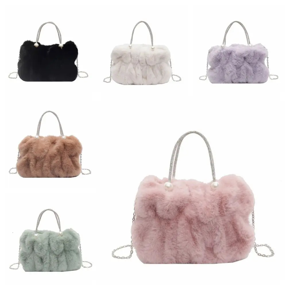 Korean Style Women Plush Shoulder Bag Chain Soft Winter Fluffy Handbag Solid Color Exquisite Faux Fur Crossbody Bag Women 241206