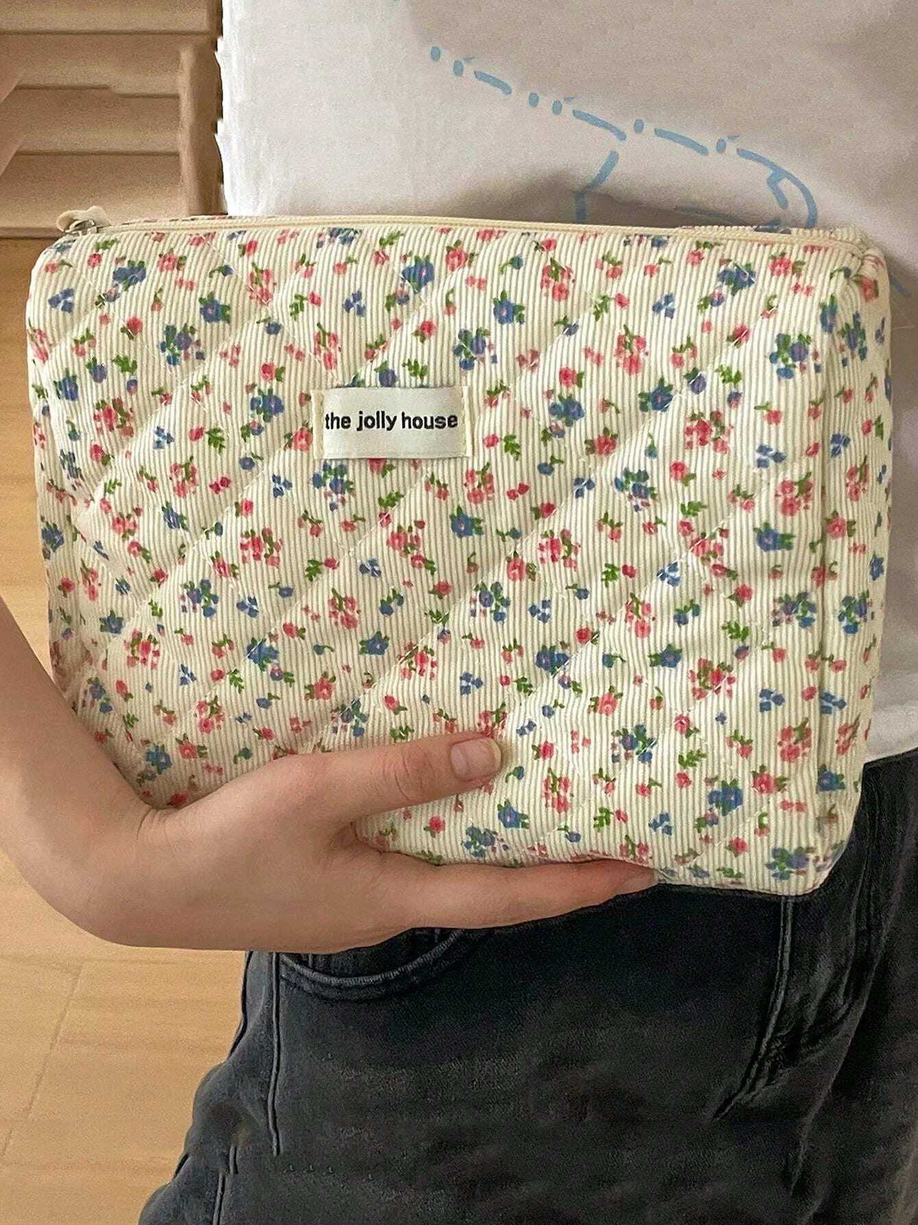 Lovely Floral Stihing Corduroy Cosmetic Bag For Storing Skin Care ltems Lipsticks Accessories Travel Necessity Birthday GiftXJ241206