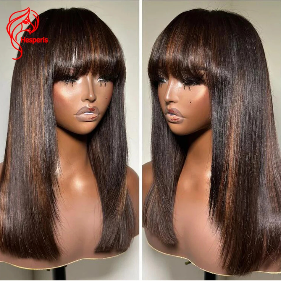 Hesperidis short bob wig with bangs Brazilian Remy #30 color high gloss brown scalp top fully machine made wig 241206