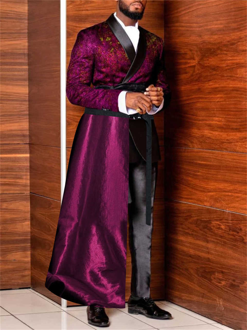 Customized Mens Royal Satin Suits Jacket Pant with Long Cape Fashion Formal Party Wear Wedding Tuxedos 2 Pieces
