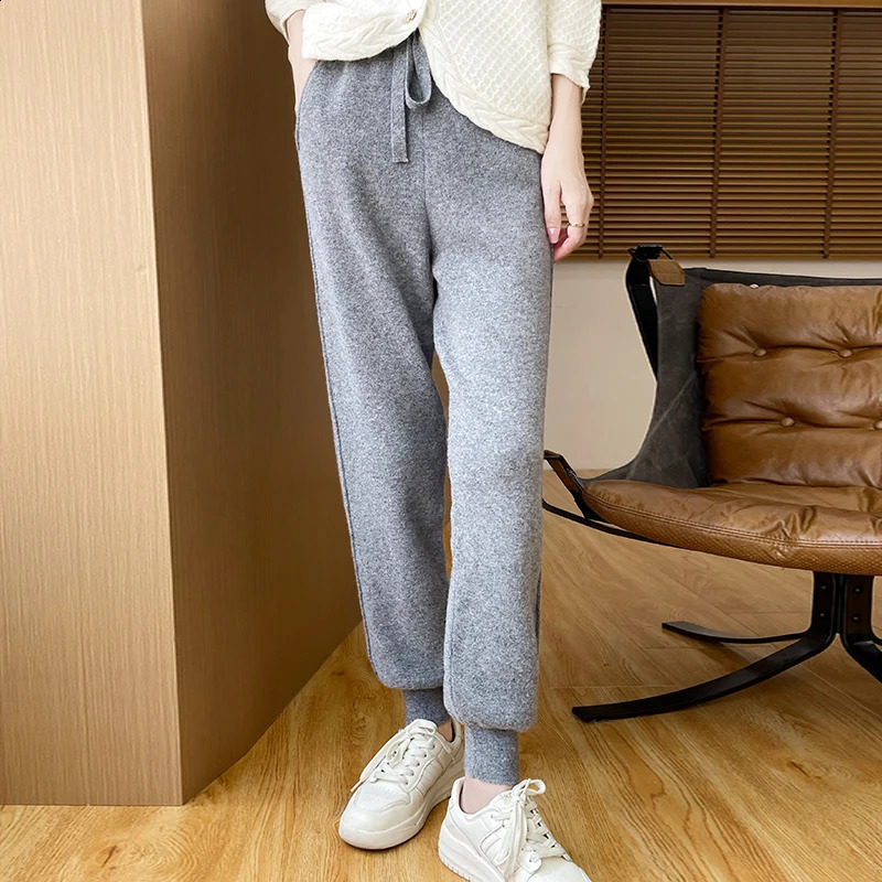 100% Womens Merino Wool Knitted Autumn/Winter Pants Solid Color Elastic Waist Fashion Casual Wool Long Legs 241202