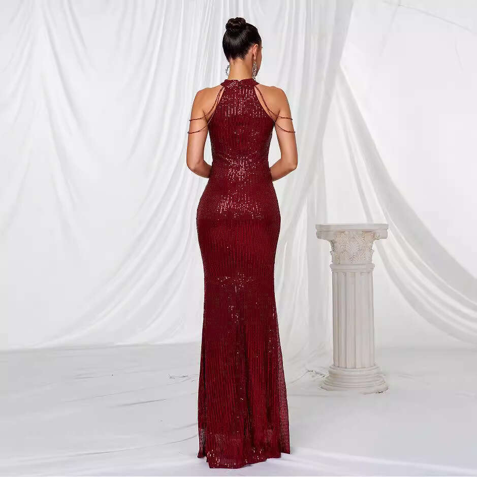 Autumn Product Fashionable Hanging Neck Sexy Crystal Chain Hip Wrapping Glitter European American Mid Waist Evening Dress 2024 New Style Unique and El