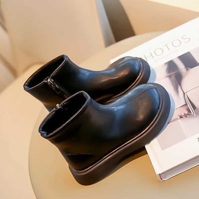 Autumn Winter Childrens Boots Fashion Simple Sle Girls Ankle Boot Causal Versatile Black Kid Short Leather Boots Side ZipperXJ241206