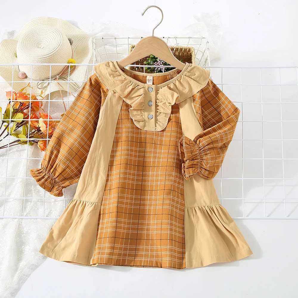 Girls Dress Spring and Autumn Childrens Fashion Ruffle Edge Round Neck Plaid Long sleeved Girls Dress TrendXJ241206