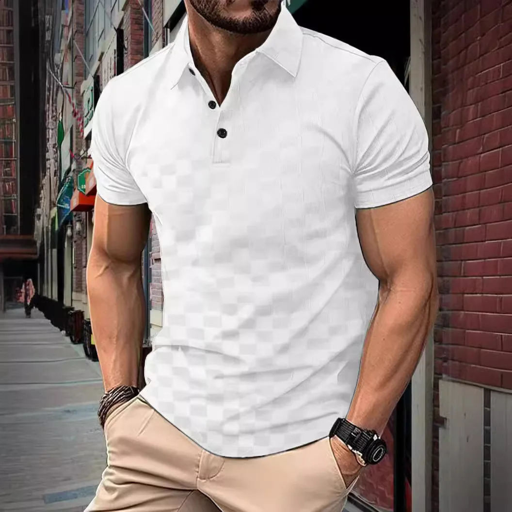 Mens fashion plaid Summer Shortsleeved POLO Shirts casual daily outdoor sports beach play breathable lapel solid color Tops 241205