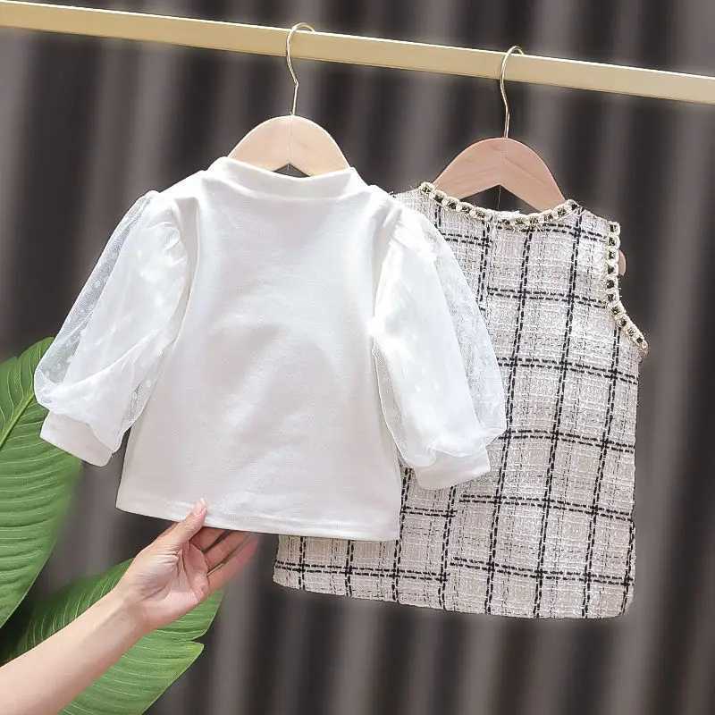 2022 New Girls Two-piece One-piece Dress for Girls Little Fragrance Western Sle Plaid Dress for Spring and AutumnXJ241206