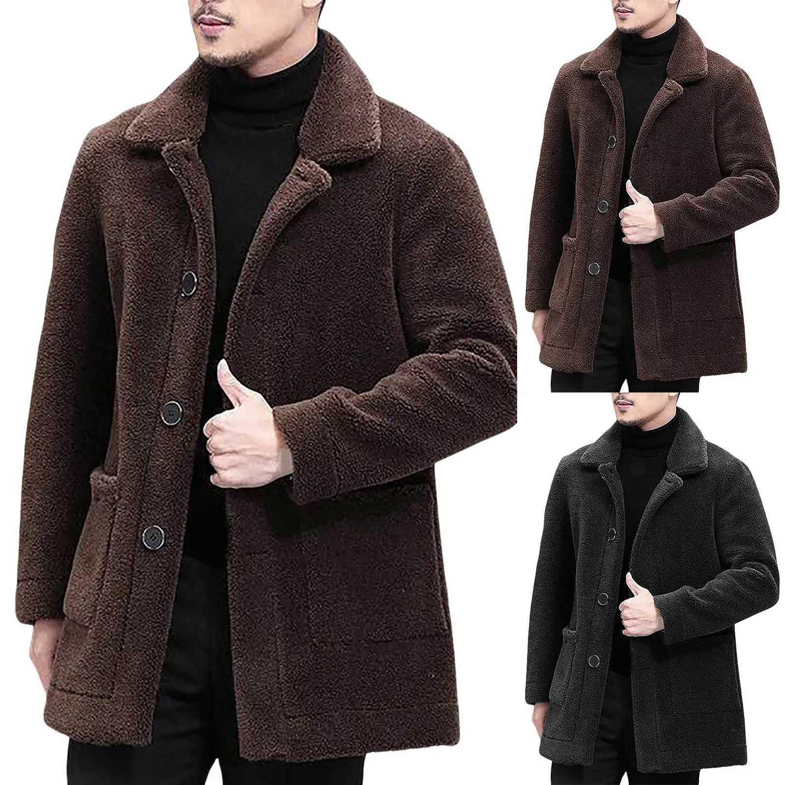 Mens Solid Color Casual Jacket 2024 Winter New Fashionable Lapel Short Anti Cold Coat Imitation Fur Lamb Wool Thick Coat XJ241206