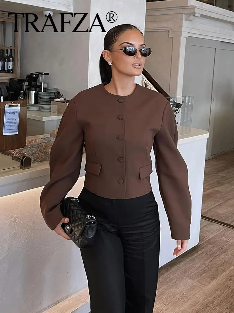 TRAFZA 2024 Autumn Women Fashion Solid Set O Neck Balloon Type Short Coat Top Wild Streetwear Slim Woman Brown Mini Skirt 241205