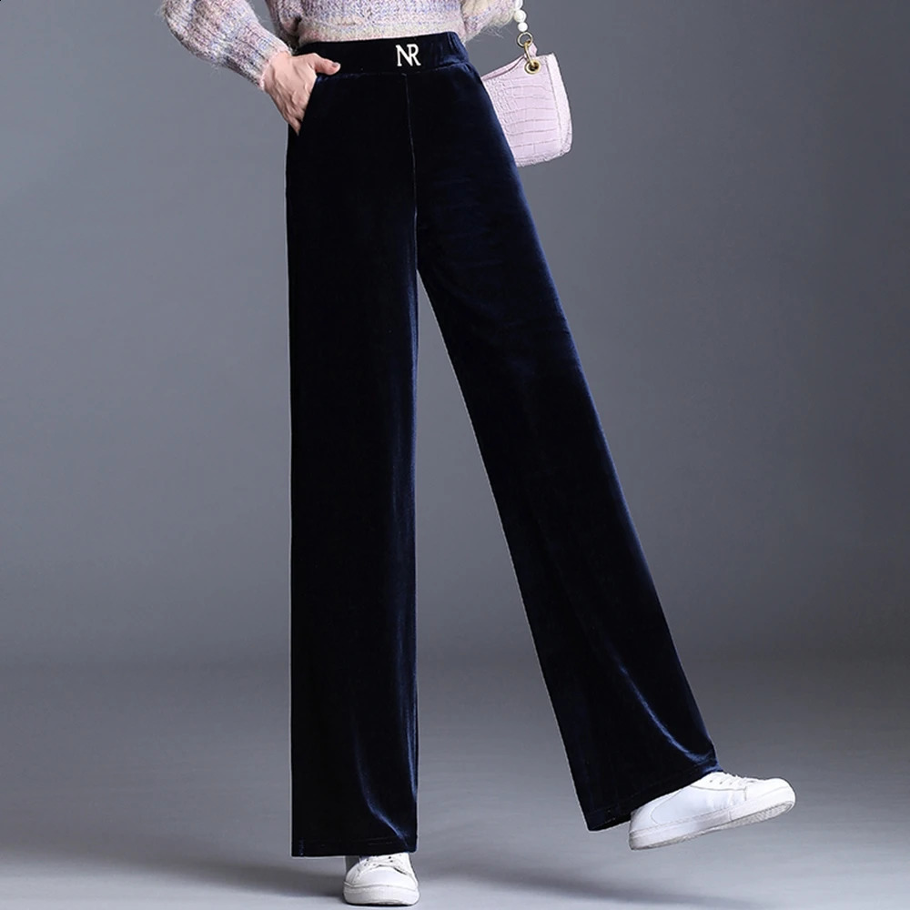 Korean high waisted elastic waist womens Haaland pants spring/summer gold velvet wide leg pants Versatile casual pants 241202