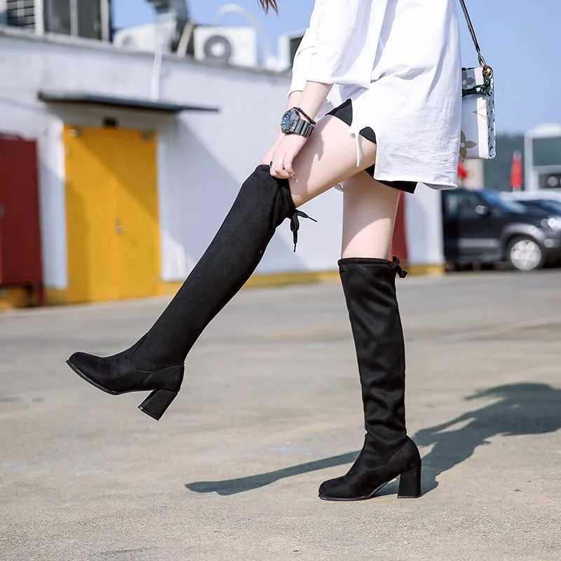 High Quality Summer Black Wens Boots Pointed Thin-over-the-knee Shoes Fi Versatile Cfortable Thick Heel Wens Mid-calf Boots T241206