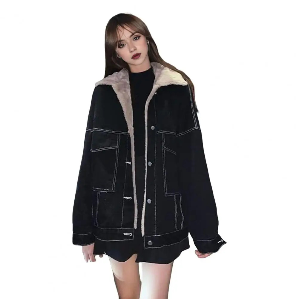 Legging jacket warm plush lined denim with pockets comfortable lapel fashionable single breasted for outdoor wear 241206