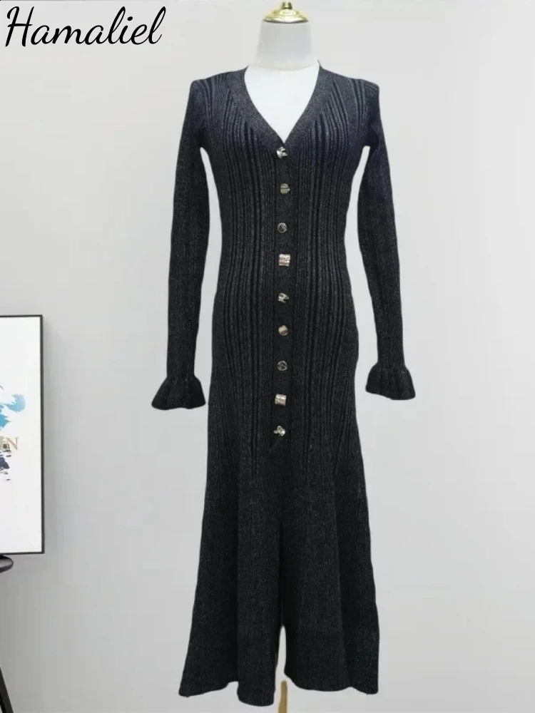 Autumn Winter Shine Knitted Dresse Chic V Neck Single Breasted Flared Sleeve Ruffles Hem Thicken Sweater Robes Vestidos 241205