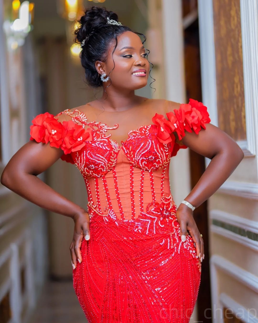 Red Mermaid Prom Dresses 2025 Flowers Beaded Sequined Lace Evening Formal Party Second Birthday Engagement Gowns Plus Size Dress For Special Occasions