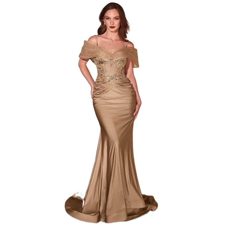 Elegant Mermaid Satin Prom Dresses Lace Appliques Brown Off The Shoulder Pleats Long Formal Evening Gowns Sweep Train