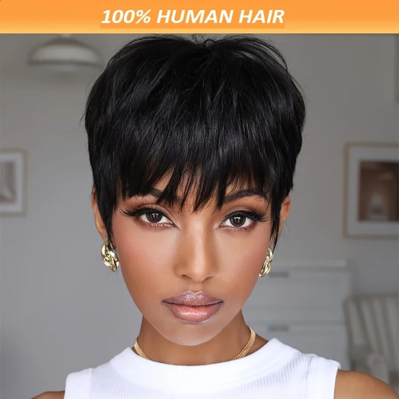 150% density pixie cut short straight human hair wig 6inch machine made black499j color daily party cosplay use remy wig 241205