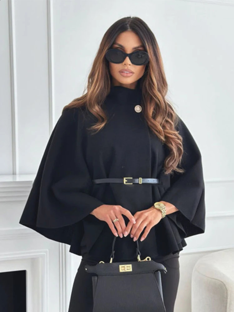 Lady Cloak Cape Woollen Tweed Poncho Thick Autumn Winter Women Single Buckle Batwing Sleeve Coat Elegant Warm Loose Outwear 241204