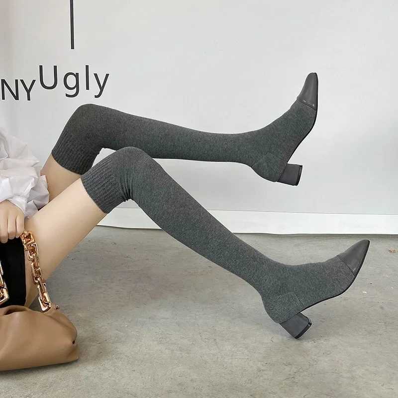 High Quality Warm Knee High Socks Boots High H Black Velvet Wedge H Wanjie Boots Winter Thick Ultra Thin Botas Unprinted Good Product T241206