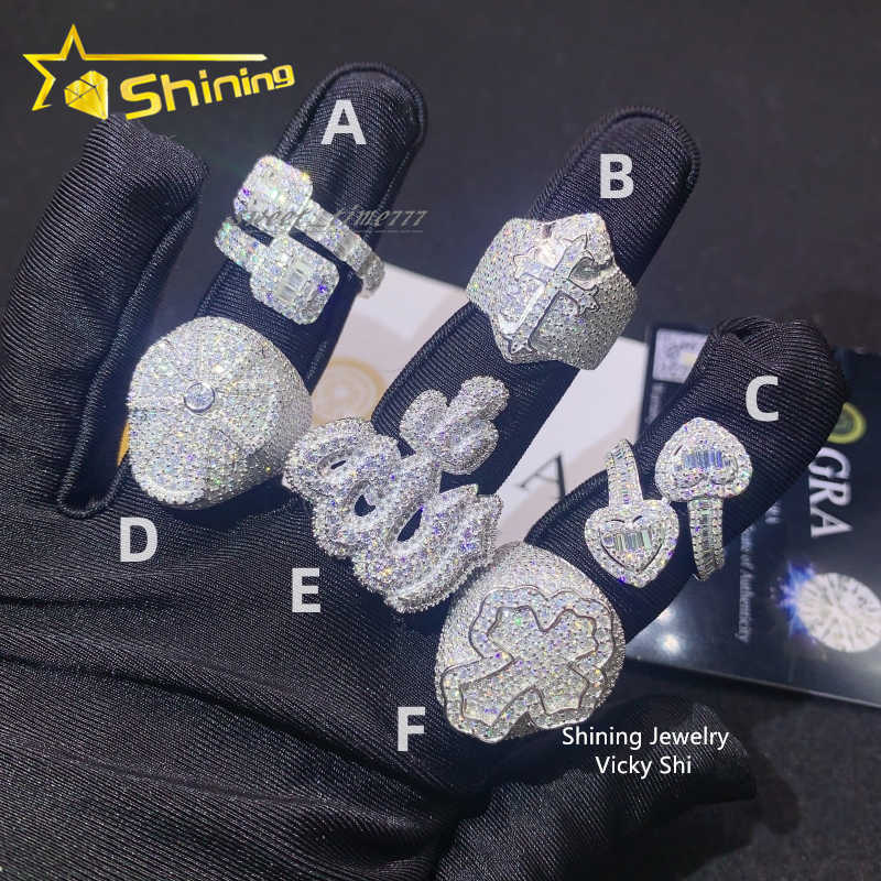 Ready to ship pass diamond tester iced out vvs moissanite diamond rings 925 sterling silver cross hip hop ring