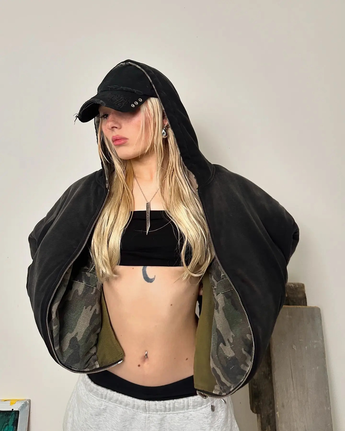 American camouflage doublesided plush hooded jacket womens street Y2K hiphop baseball uniform couple casual sweatshirt 241206