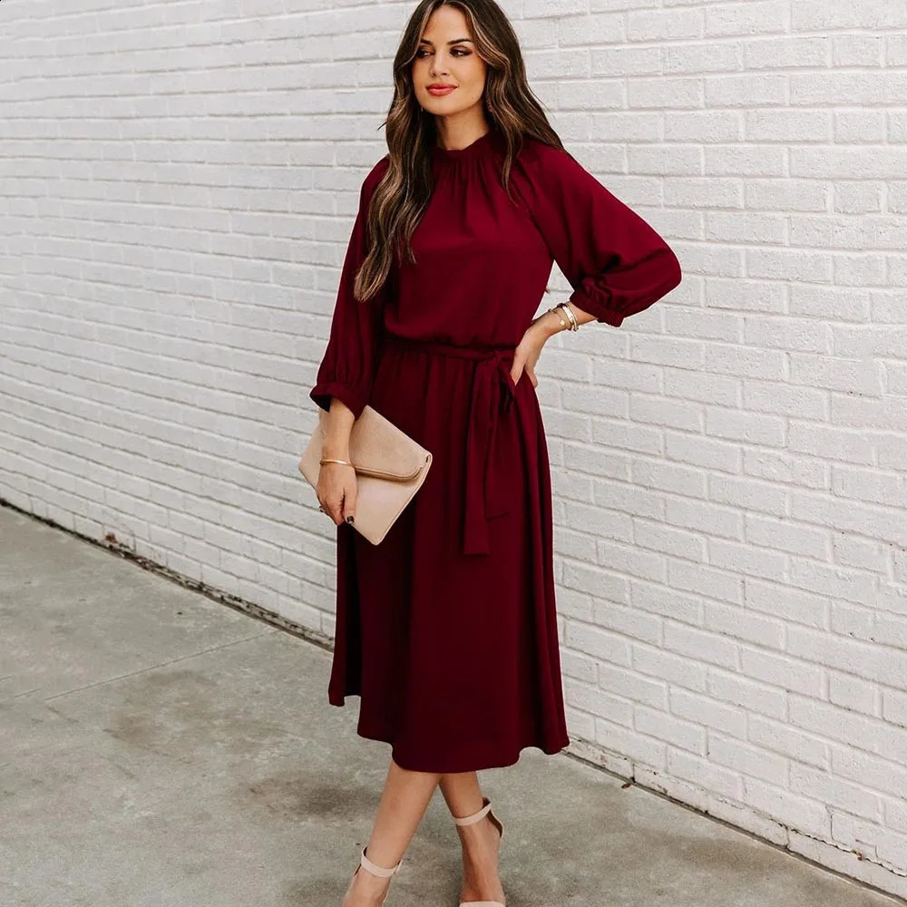 Green Fashion Lace Up Dress For Womens O Neck Elegant Ladies Sexy Big Swing Party Dresses Summer Autumn Casual Robe Femme 241205