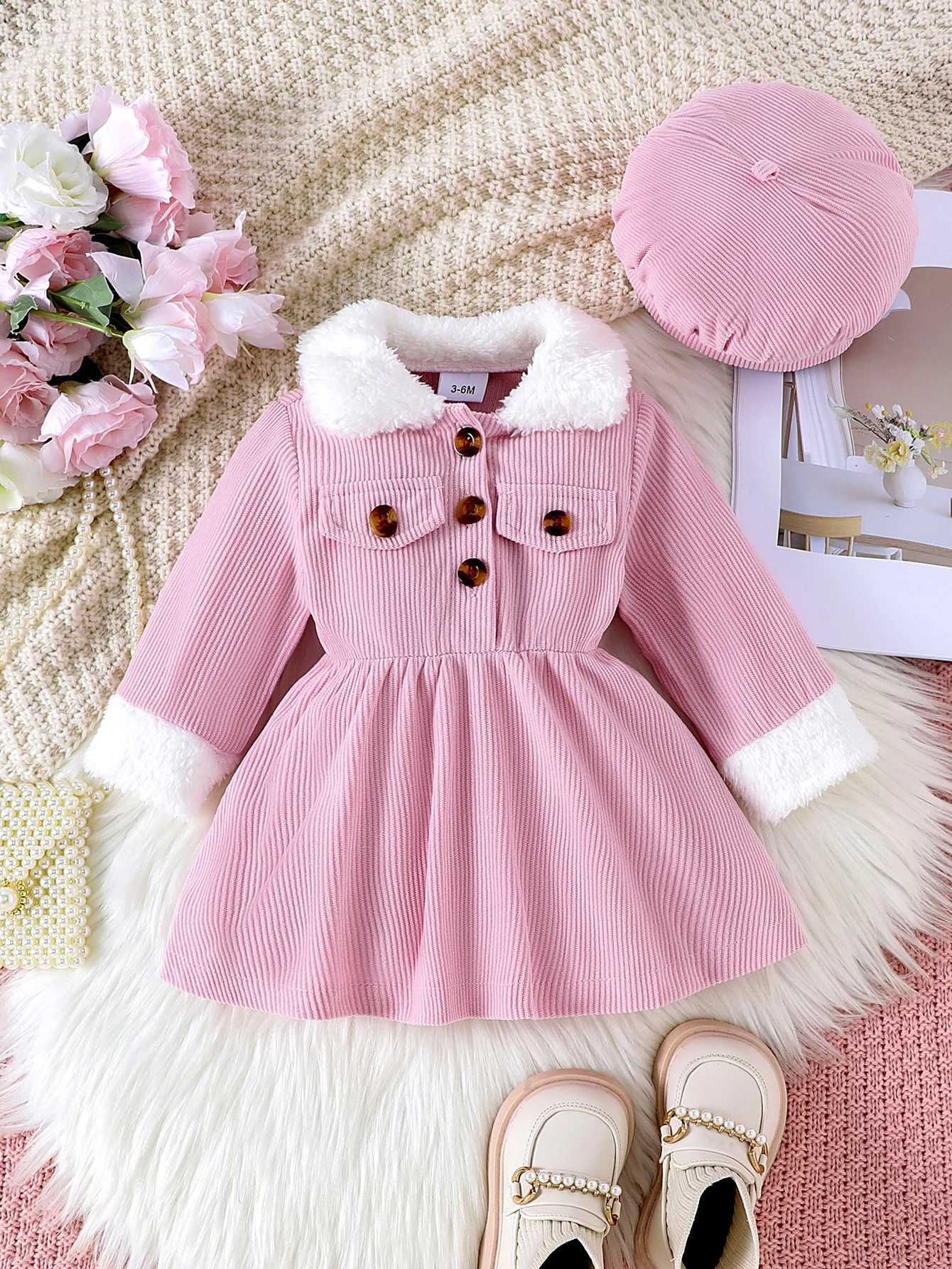 2PCS Winter New Sle For Girls Aged 0-3 Comfortable Foreign Sle Sweet Fluffy Stitching Pink Dress + HatXJ241206