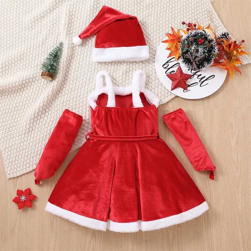 Toddler Newborn Babys Clothes Girls Christmas Santa Costume Sleeveless Belted Dress Gloves Hat Set Childrens Clothing WinterXJ241206