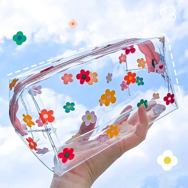 1 piece PVC transparent makeup bag womens waterproof zipper flower and fruit beauty case travel makeup bag transparent makeup bagXJ250415