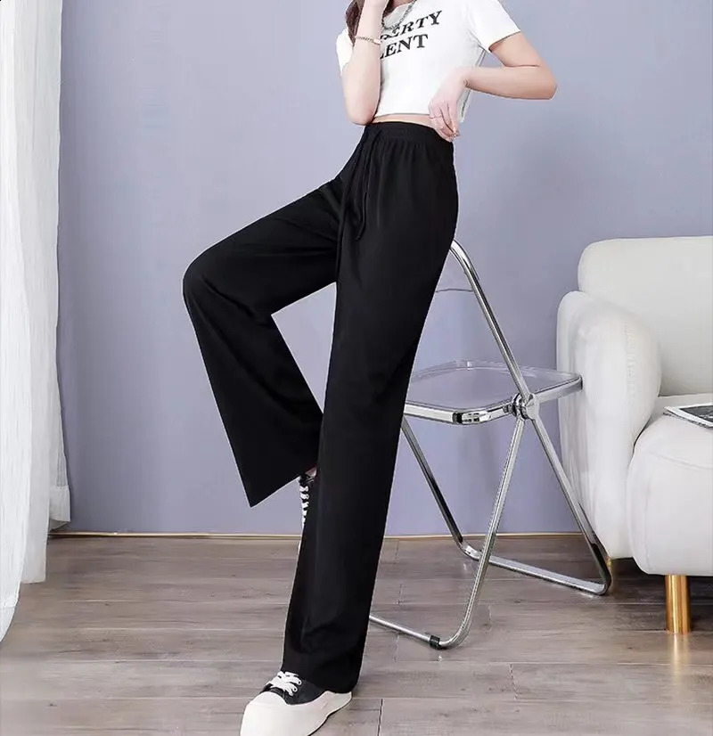 Women Pants Spring Summer Ice Silk Wide Leg 2024 High Waist Loose Straight Casual Pant Female Outdoor Black Trousers 241203