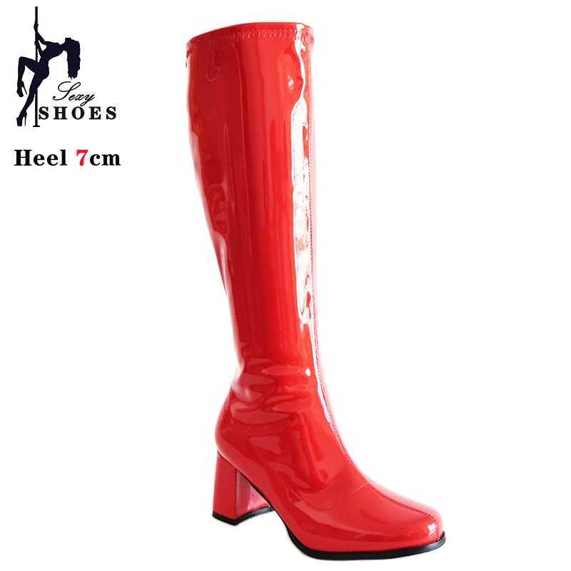 High Quality 7cm custom Gogo boots 1960s and 1970s square heel knee party boots sexy zipper cross dress Gothi shoes large size T241206
