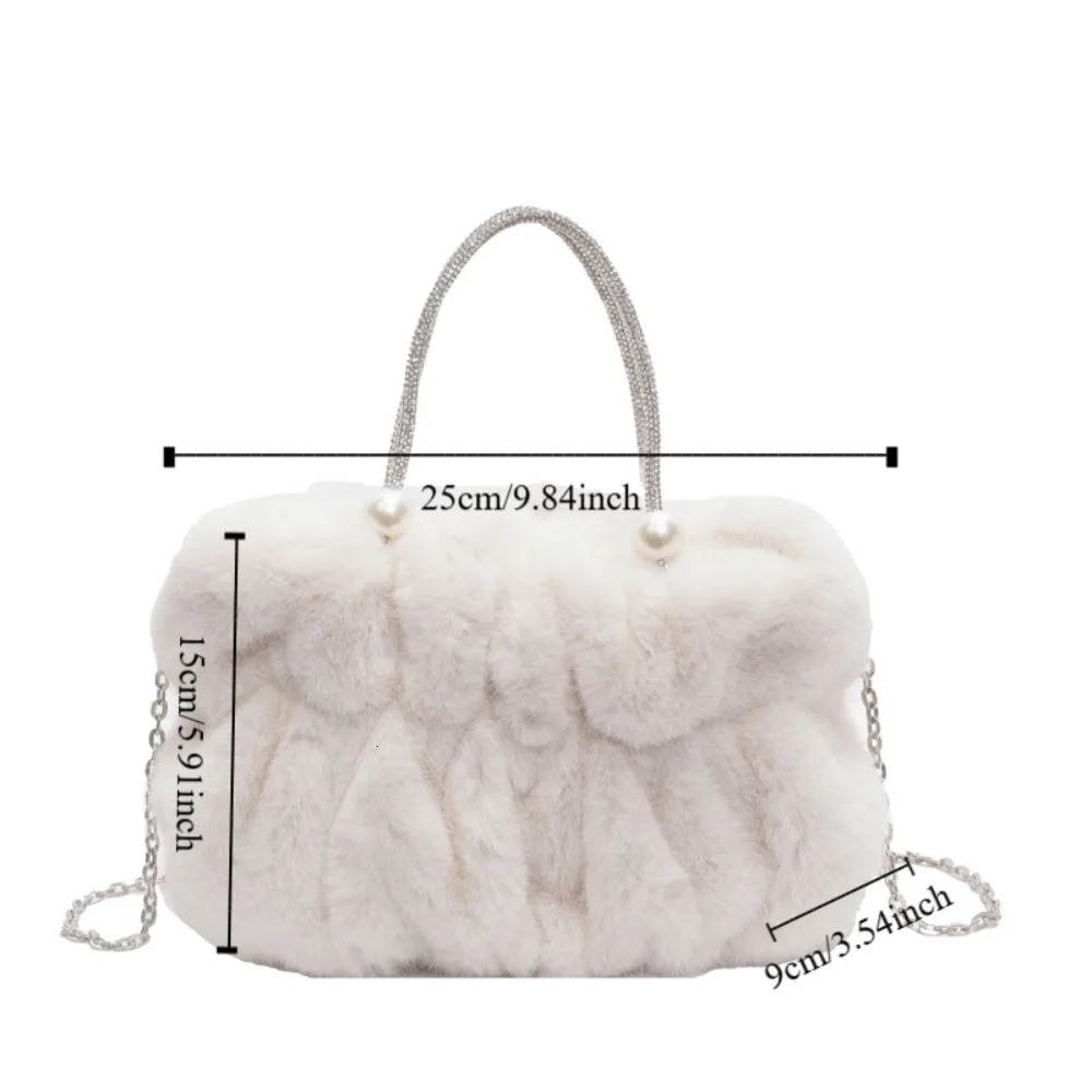 Korean Style Women Plush Shoulder Bag Chain Soft Winter Fluffy Handbag Solid Color Exquisite Faux Fur Crossbody Bag Women 241206