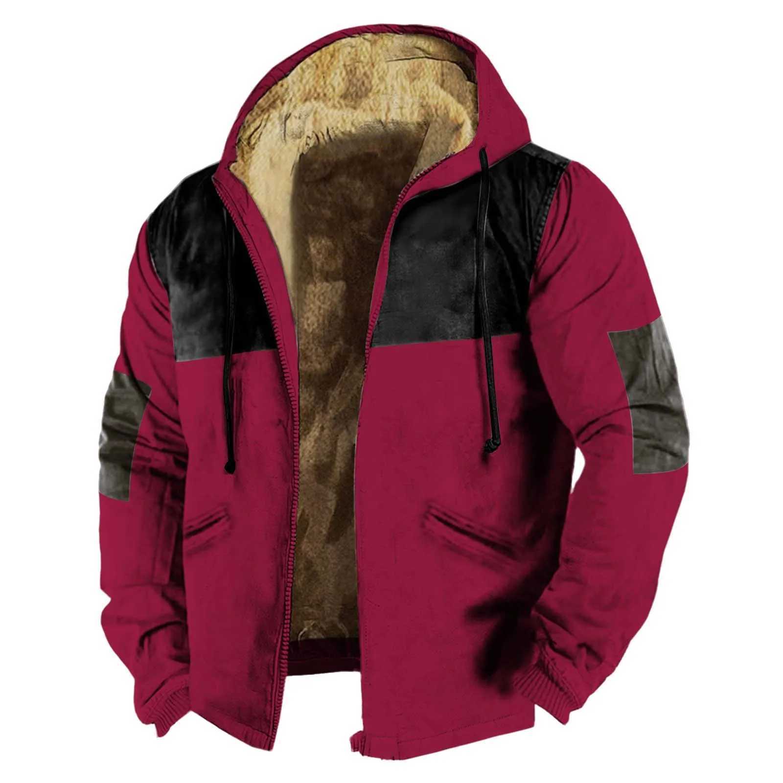 MenS Winter Thickened Fleece Jacket Multicolor Solid Color Block Hooded Overcoat Full Zip Fleece Lined Jacket For Men CasualXJ241206