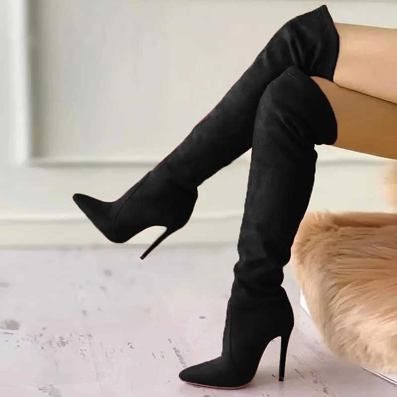 High Quality Suede Knee High Boots Pointy High Heels Black Over The Knee Boots Winter T241206