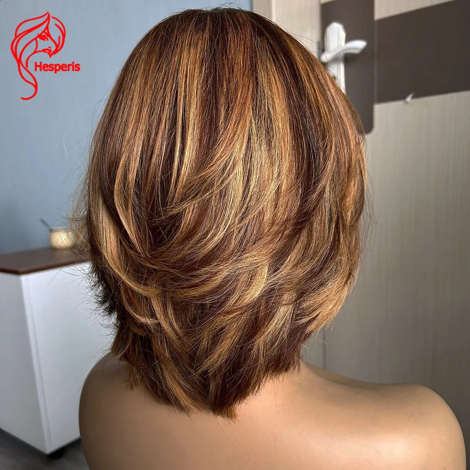 Hesperids Honey Blonde Highlight Full Machine Wig Human Hair Brazilian Remy Short Bob Scissors Wig Strap Hairband Hairpin Scalp Top Ombre 241206