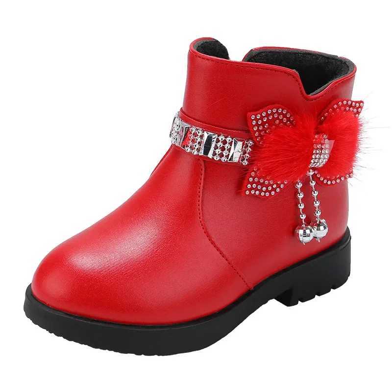 2023 Autumn Winter Girls Boot Soft Leather Ankle Boots Plus Velvet Warm Kids Shoes Toddler Non-slip Cotton Boots Princess ShoesXJ241206