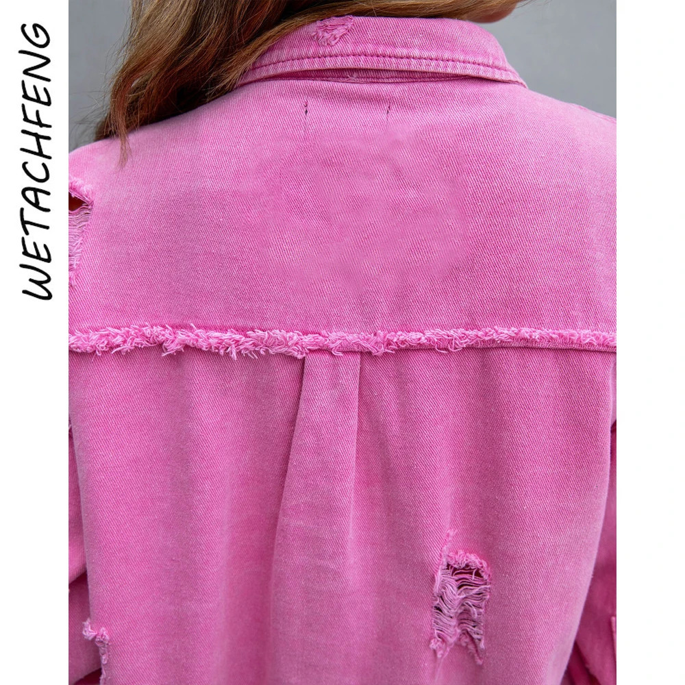 Womens autumn pink jacket long sleeved casual pocket lapel frayed hole tassel denim Korean clothing 241206