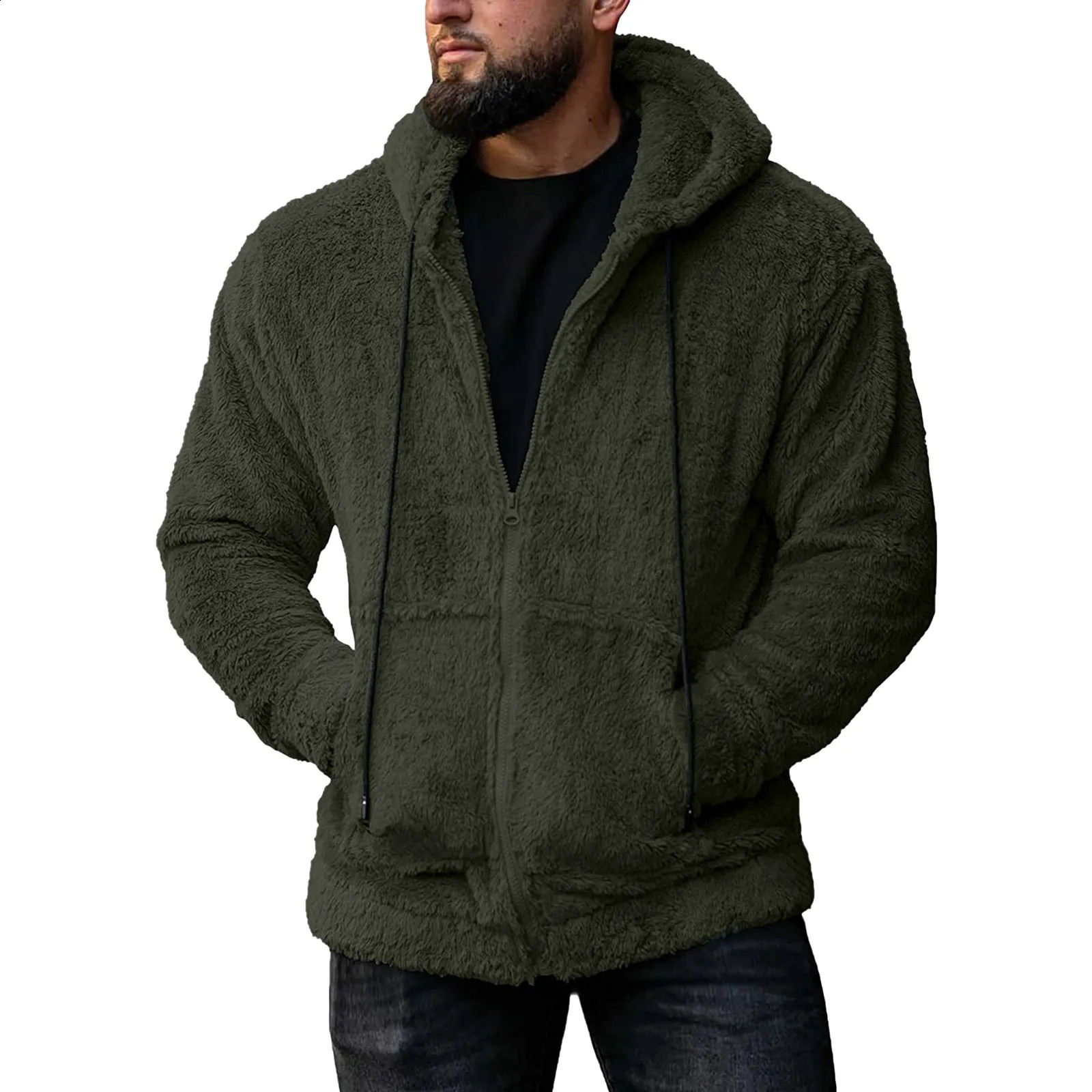 Men Jacket Coat Hoodie Pocket Zipper Fleece Sweatshirt Winter Solid Color Outwear Long Sleeve Keep Warm Fashion Windproof 241202