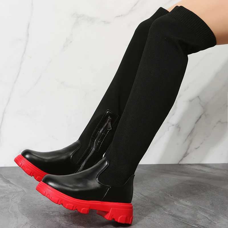 High Quality Warm boots black round toe high Lg boots autumn winter zipper knee party shoes Plus size 43 T241206