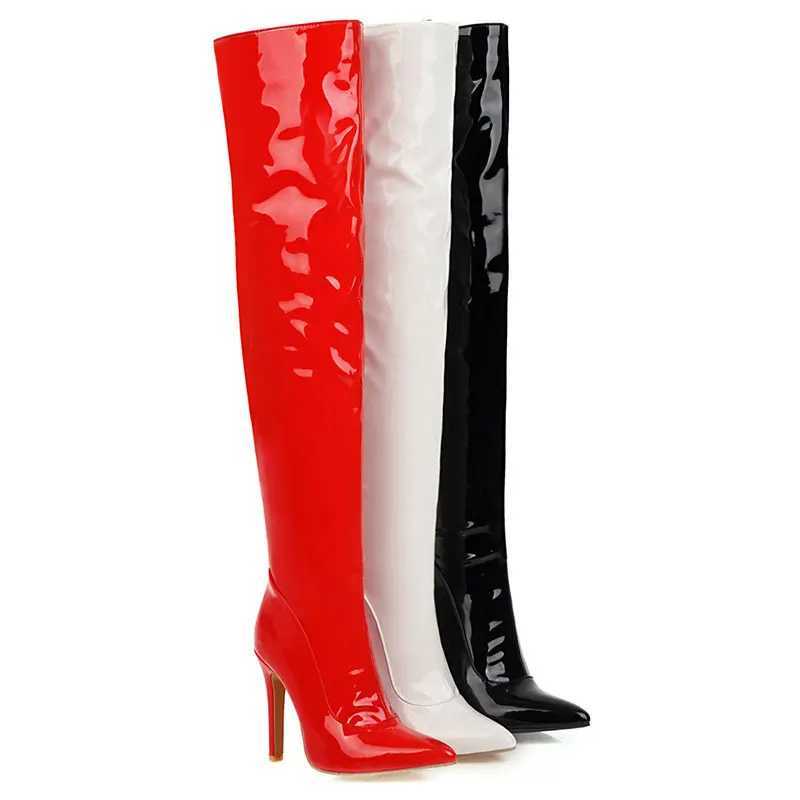 High Quality Sexy Mirror Leather Thick High Heels Wengao H Super Knee Boots Wendian Toe White Fetish Party Lg Shoes T241206