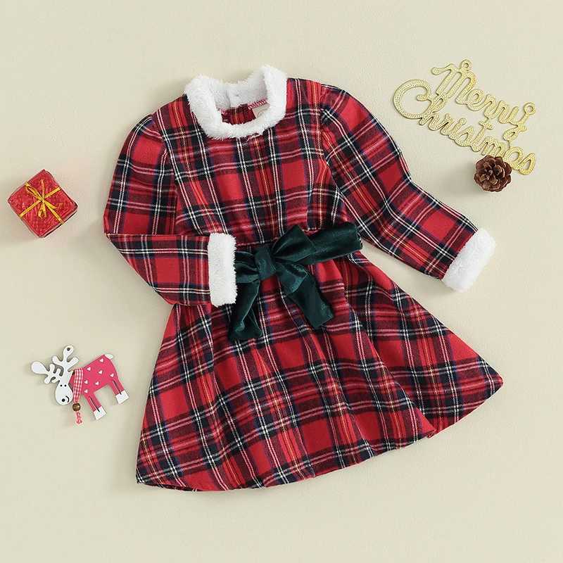 FOCUSNORM 1-6Y Toddler Kids Girls Christmas Romper/Dress Plaid Printed Plush Patchwork Bowknot Long Sleeve Jumpsuits Or DressXJ241206