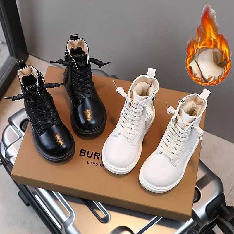 Zapatos Nia Children Leather Boots Plush Warm Kids Shoes Waterproof Non-slip Boys Cotton Shoes Casual Side Zipper Girls BootsXJ241206