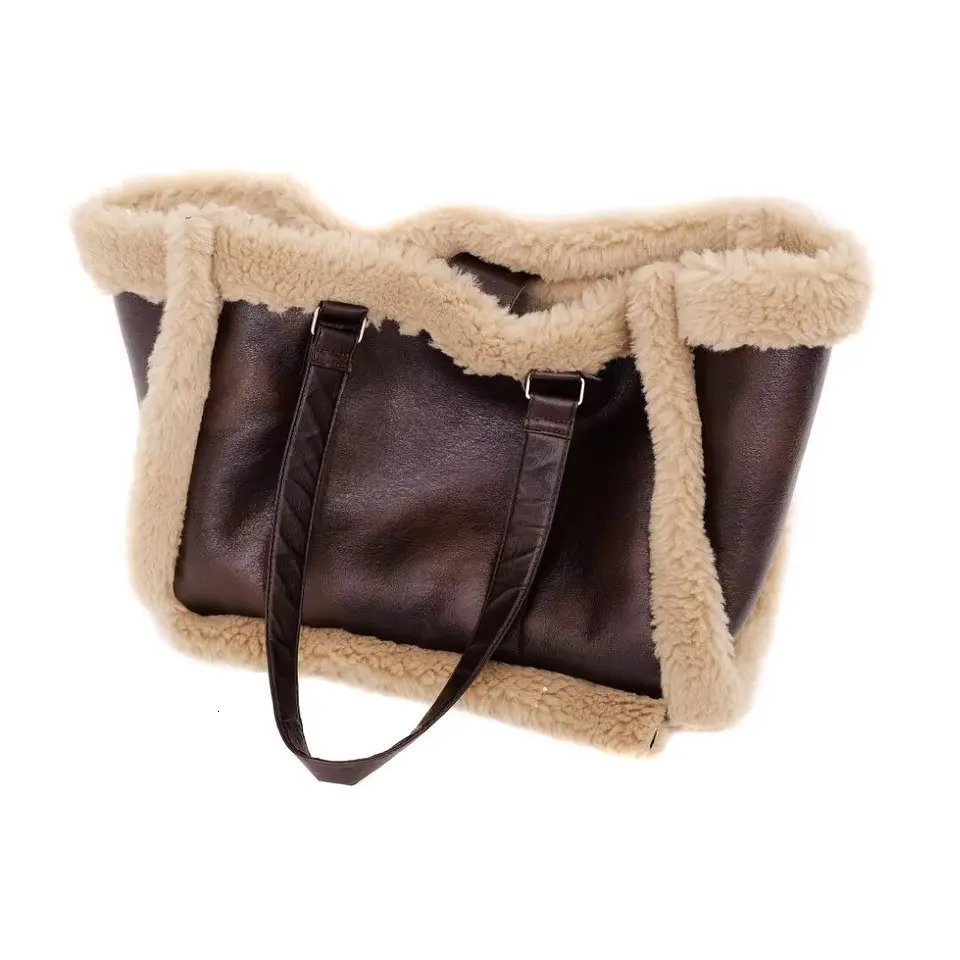 FAUX SHEARLING TOTE BAG traf winter fashion patchwork texture fur one hand bill shoulder fur large shopping bag 241206