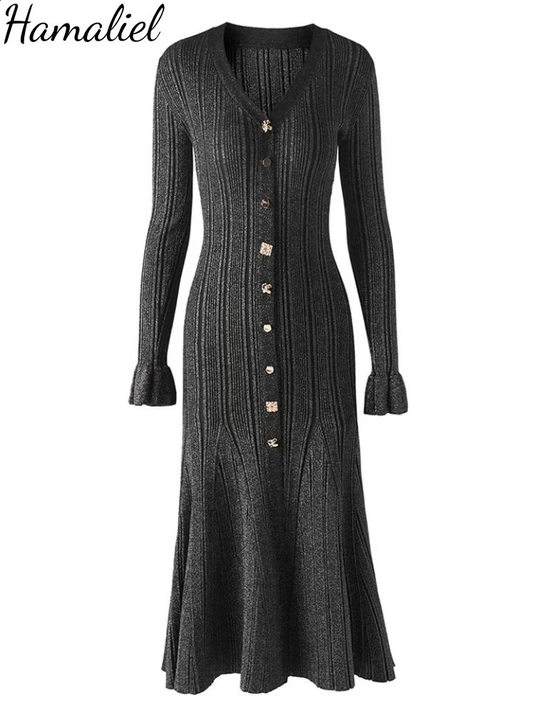 Autumn Winter Shine Knitted Dresse Chic V Neck Single Breasted Flared Sleeve Ruffles Hem Thicken Sweater Robes Vestidos 241205