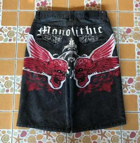 American retro summer denim shorts summer Y2K personalized letter printed shorts hip-hop goth high street loose casual shortsXJ241206